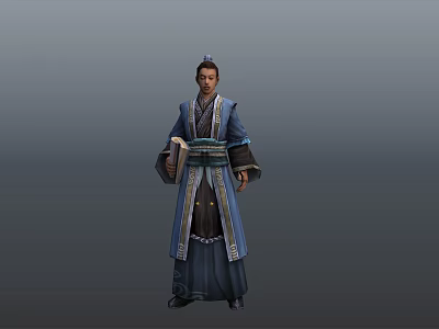 Ancient Chinese Male Game Movie Character In Traditional Blue Robe Holding Scroll 3d model