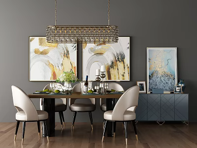 Modern Dining Table Set With Beige Chairs Crystal Chandelier And Decorative Paintings 3d model