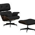 Modern Black Leather Leisure Chair with Matching Ottoman Wooden Accents and Metal Base Design