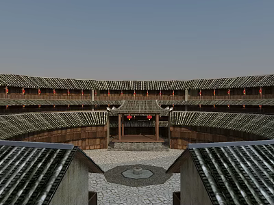 Traditional Ancient Chinese Circular Architecture With Multi story Tile Roof Central Courtyard And Red Lanterns 3d model