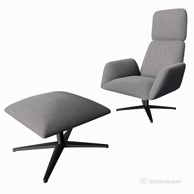 Modern Gray Armchair With Matching Ottoman And Black Metal Star Base Design 3d model 