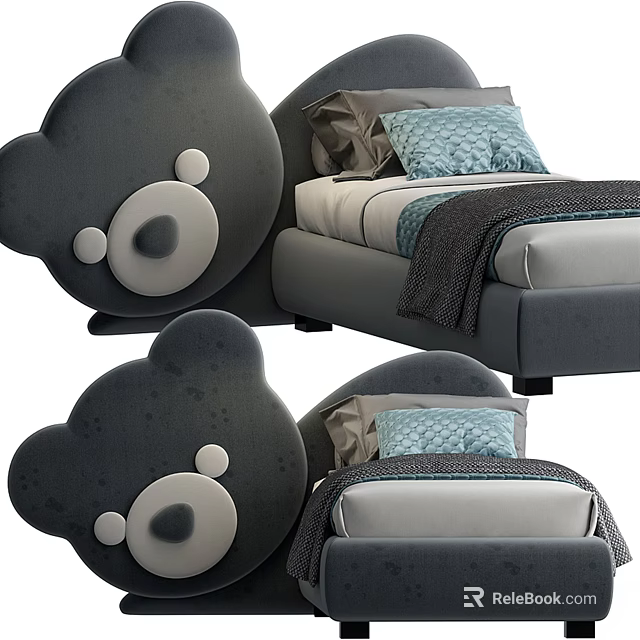 Gray Kids Bed With Bear Head Shaped Soft Upholstered Headboard Mattress Pillow And Blanket 3d model 