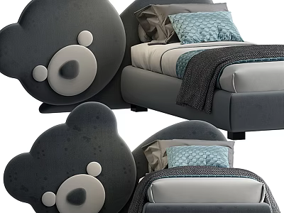 Gray Kids Bed With Bear Head Shaped Soft Upholstered Headboard Mattress Pillow And Blanket 3d model