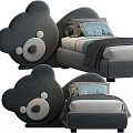 Gray Kids Bed With Bear Head Shaped Soft Upholstered Headboard Mattress Pillow And Blanket