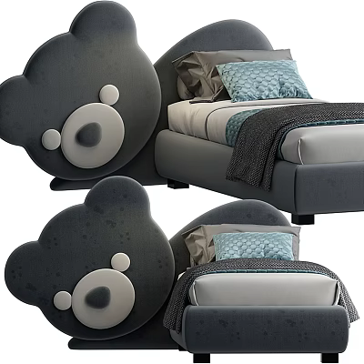 Gray Kids Bed With Bear Head Shaped Soft Upholstered Headboard Mattress Pillow And Blanket 3d model