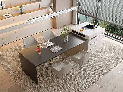 Modern Dining Table Set With Black Table Four Grey Chairs And Green Plant Decor 3d model