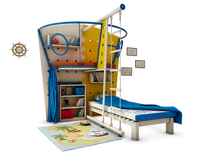 Blue and Yellow Kids Bed with Ladder Storage Shelves Wall Art and Play Mat 3d model