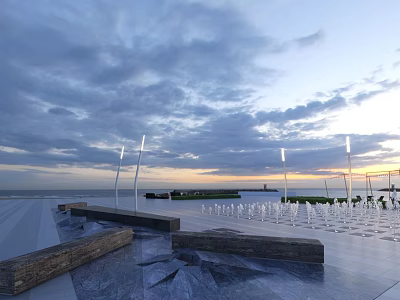 Outdoor Garden Features With Sunset Sky Sea White Seats Tall Pole Lights And Stone Benches 3d model