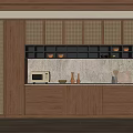 Wooden Wine Cabinet Featuring Black Lattice Shelves Clay Pots Microwave And Modern Minimalist Style