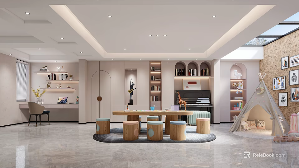 Modern Playroom Interior With Round Table Stools And Shelves 3d model