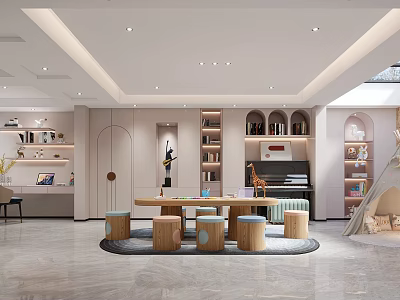 Modern Playroom Interior With Round Table Stools And Shelves 3d model