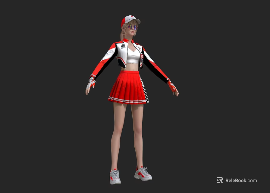 Woman In Red And White Sporty Outfit With Cap Pleated Skirt And Sneakers 3d model 