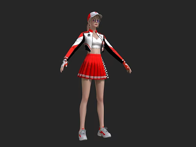 Woman In Red And White Sporty Outfit With Cap Pleated Skirt And Sneakers 3d model