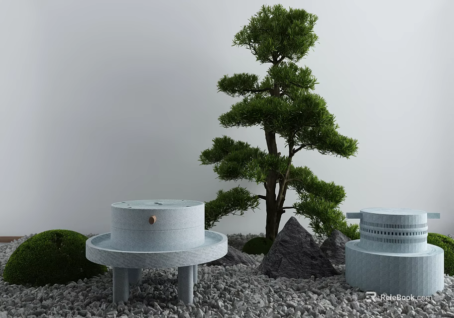 Courtyard Garden Design Featuring Decorative Pine Tree Circular Stone Structures Rock Accents And Gravel 3d model 