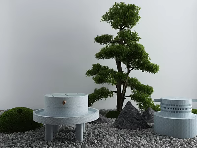 Courtyard Garden Design Featuring Decorative Pine Tree Circular Stone Structures Rock Accents And Gravel 3d model
