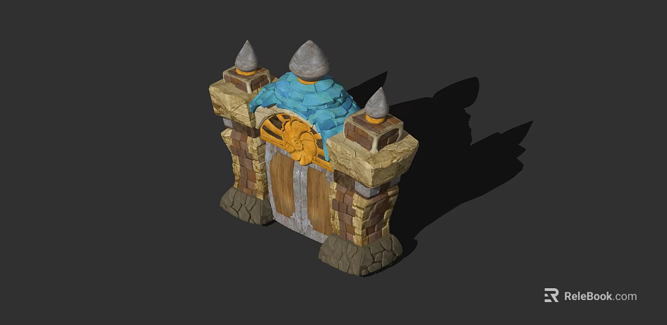 Decorative Medieval Tower With Stone Walls Spires Blue Roof And Wooden Door 3d model 
