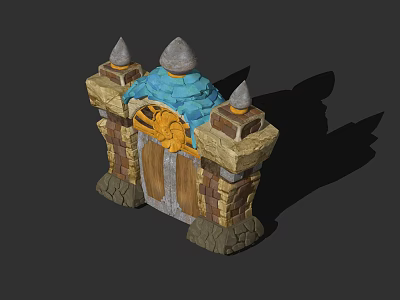 Decorative Medieval Tower With Stone Walls Spires Blue Roof And Wooden Door 3d model