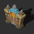 Decorative Medieval Tower With Stone Walls Spires Blue Roof And Wooden Door