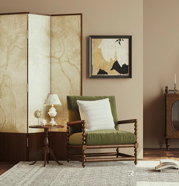 Green Lazy Sofa With Side Table Lamp Wall Art And Tree Pattern In Cozy Room 3d model