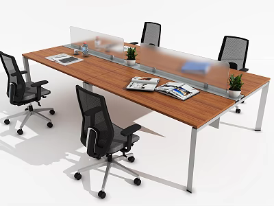 Modern Office Desk Wooden Top Metal Legs Black Office Chairs Documents Magazines Plants Transparent Dividers 3d model