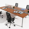 Modern Office Desk Wooden Top Metal Legs Black Office Chairs Documents Magazines Plants Transparent Dividers