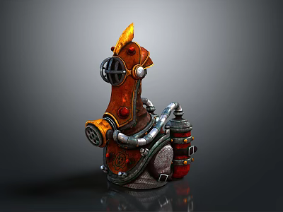 Steampunk Style Helmet With Orange Flame Decoration Metal Pipes And Red Details 3d model