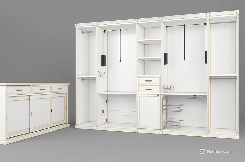 Modern White Modular Wardrobe With Storage Shelves Drawers And Hanging Rods 3d model 