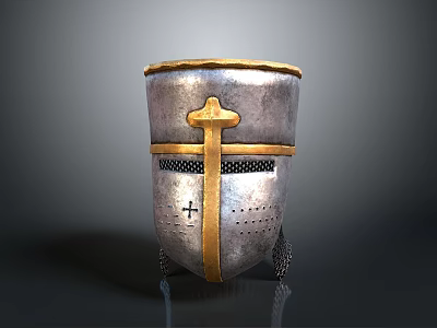 Medieval Helmet with Silver Body Golden Cross Accents and Mesh Visor 3d model