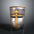 Medieval Helmet with Silver Body Golden Cross Accents and Mesh Visor