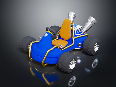 Blue Go Kart With Orange Seat Large Wheels And Silver Exhaust Pipes 3d model