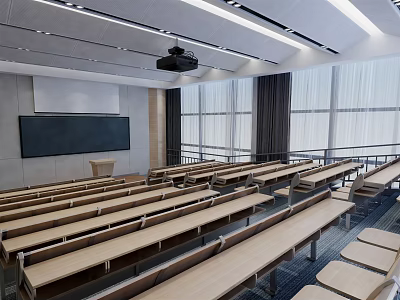 School Classroom Interior With Long Desks Blackboard Projector Large Windows And Curtains 3d model