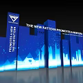 Blue Modern Background Wall with 3D Blocks White Text City Silhouettes and Geometric Patterns 3d model