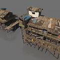 Traditional Ancient Stilted Buildings With Wooden Frames And Thatched Roofs Over Water