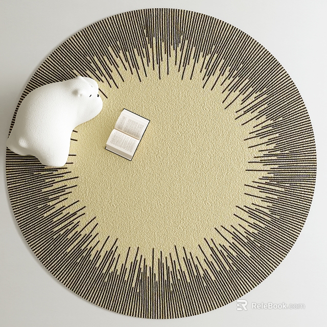 Round Rug With Cream Center Black Sunburst Pattern White Polar Bear Figurine Open Book 3d model 