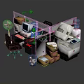Office Furniture In Cubicle With Desk Chair Cabinet Printer Water Dispenser And Boxes