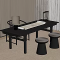 Black Wooden Desk With Scroll Table Lamp And Two Round Stools By Window 3d model