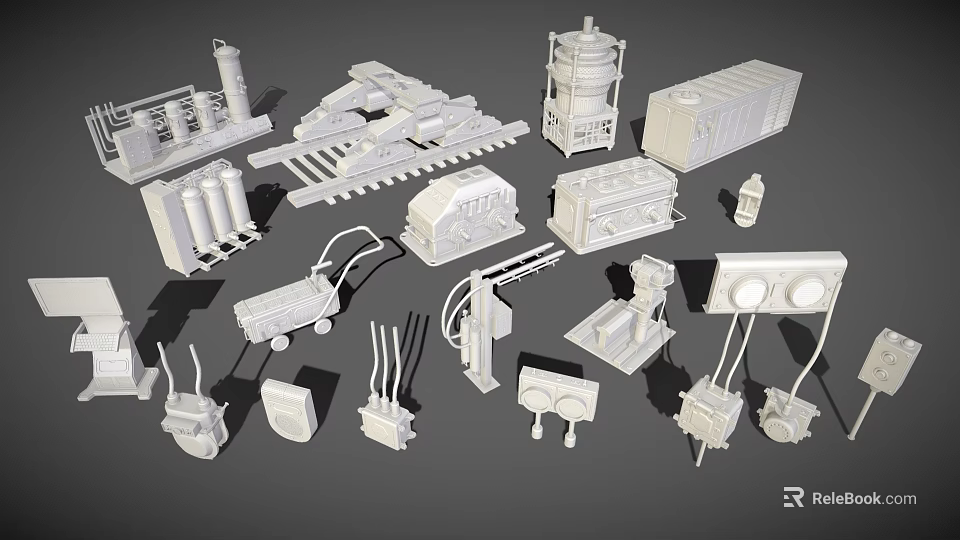 Various Industrial Equipment Including Machinery Parts Tools And Containers For Industrial Applications 3d model 