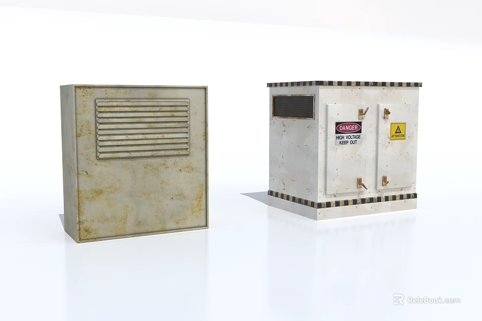 Industrial Equipment Metal Enclosures With Ventilation Grilles Rusty Surface And Double Doors Warning Labels 3d model 