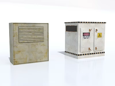 Industrial Equipment Metal Enclosures With Ventilation Grilles Rusty Surface And Double Doors Warning Labels 3d model