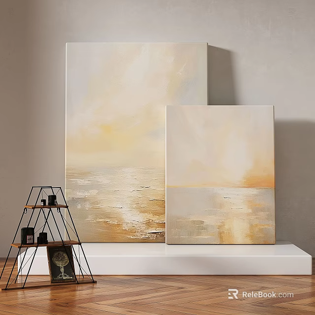 Soft Beige Gold Abstract Paintings With Gentle Light Tones On White Shelf 3d model 