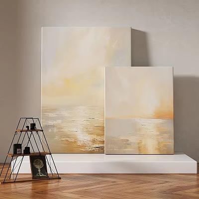 Soft Beige Gold Abstract Paintings With Gentle Light Tones On White Shelf 3d model