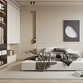 Modern Minimalist Bedroom Interior With White Platform Bed Moon Art And Vertical Blinds