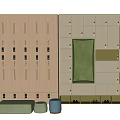 Modern Wooden Storage Cabinets with Beige Green Open Compartments Lockers and Ottomans
