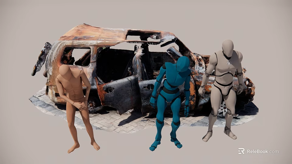 Three Colored Human Figures Standing Near Burned Old Car Outdoor Scene 3d model 