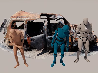 Three Colored Human Figures Standing Near Burned Old Car Outdoor Scene 3d model
