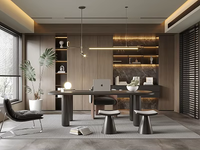 Modern Study Room Interior With Wooden Desk Leather Chair Green Plant And Bookshelves 3d model