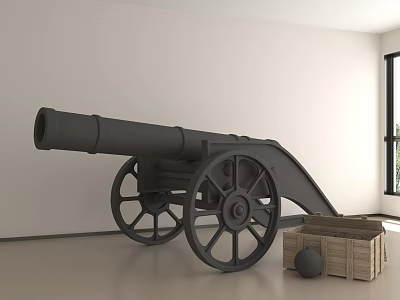 Black Cannon With Large Wheels In Room Next To Wooden Crate And Cannonball 3d model