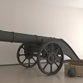 Black Cannon With Large Wheels In Room Next To Wooden Crate And Cannonball