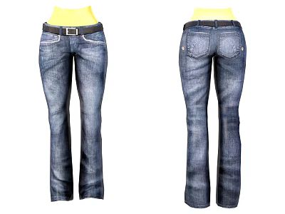 Blue Straight Leg Denim Jeans With Belt Buckle Front And Back View Casual Fashion 3d model