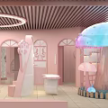 Cute Pet Shop In Mall With Pink Interior And Cartoon Decorations